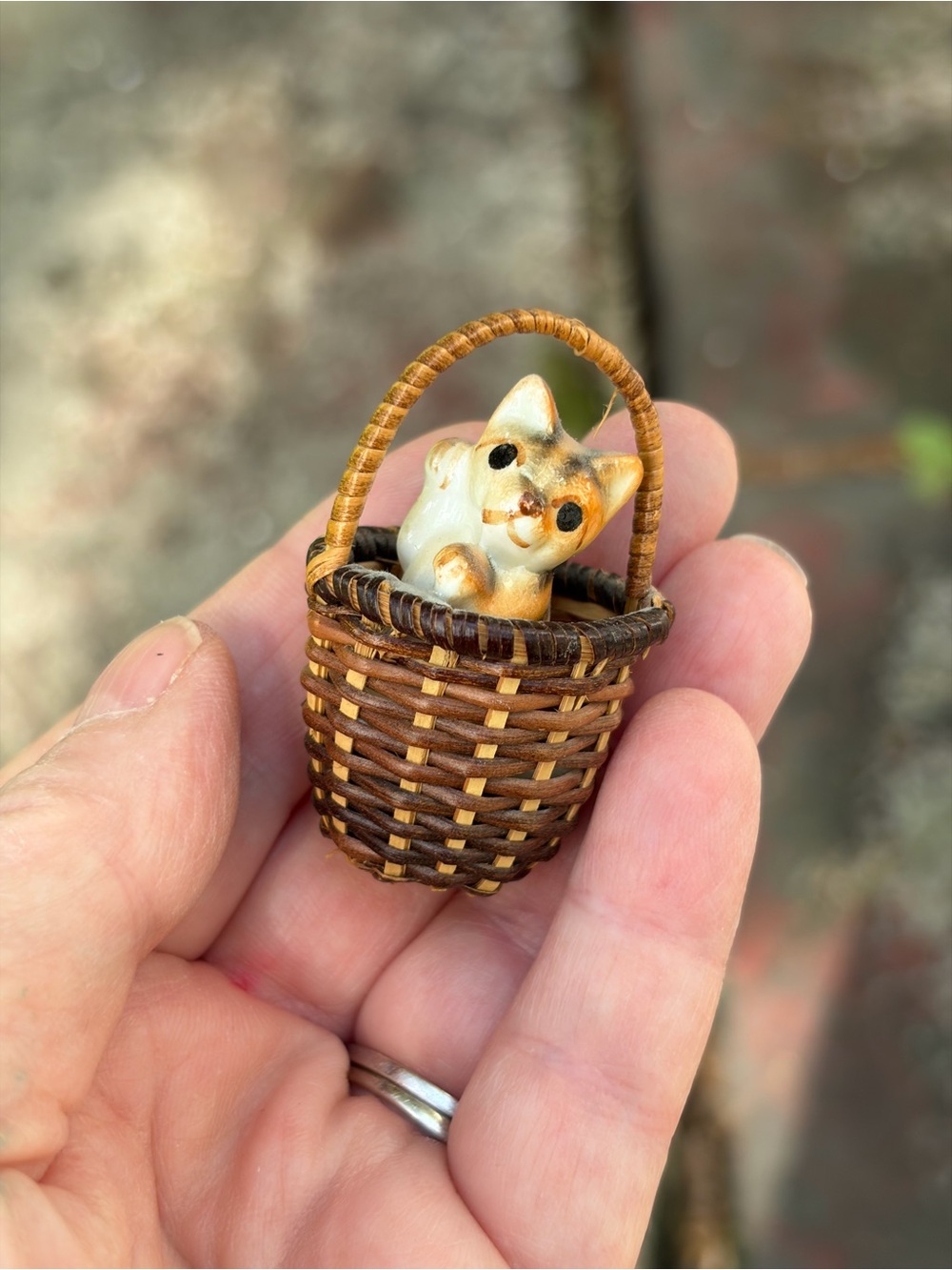 Antique Early 1900's German Bone China Calico Miniature Kitten in Basket